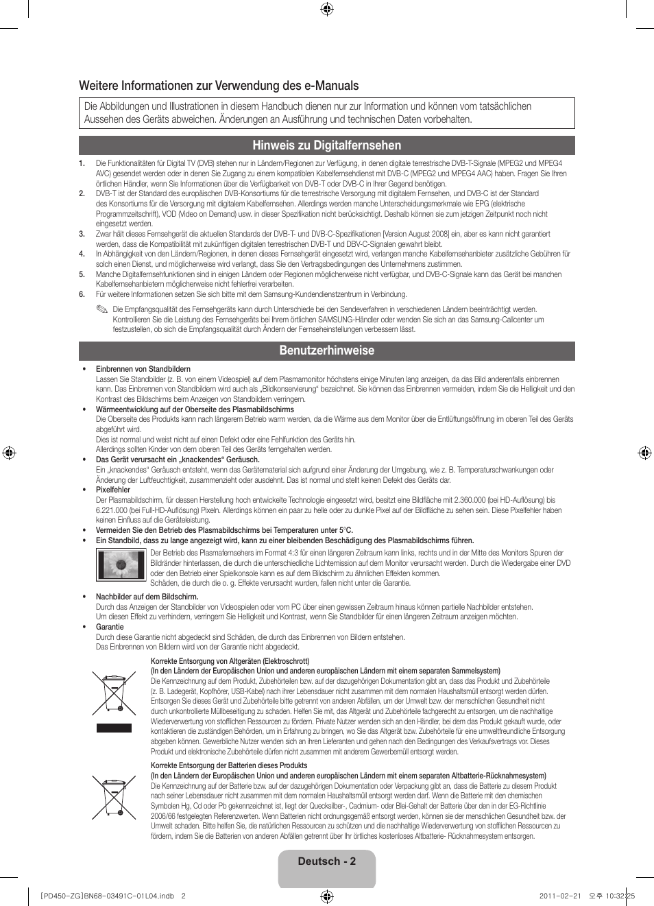 Weitere informationen zur verwendung des e-manuals, Hinweis zu digitalfernsehen, Benutzerhinweise | Samsung PS51D450A2W User Manual | Page 20 / 74