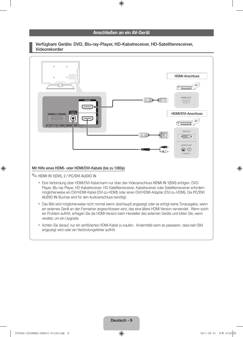 Anschließen an ein av-gerät | Samsung PS51D450A2W User Manual | Page 27 / 74