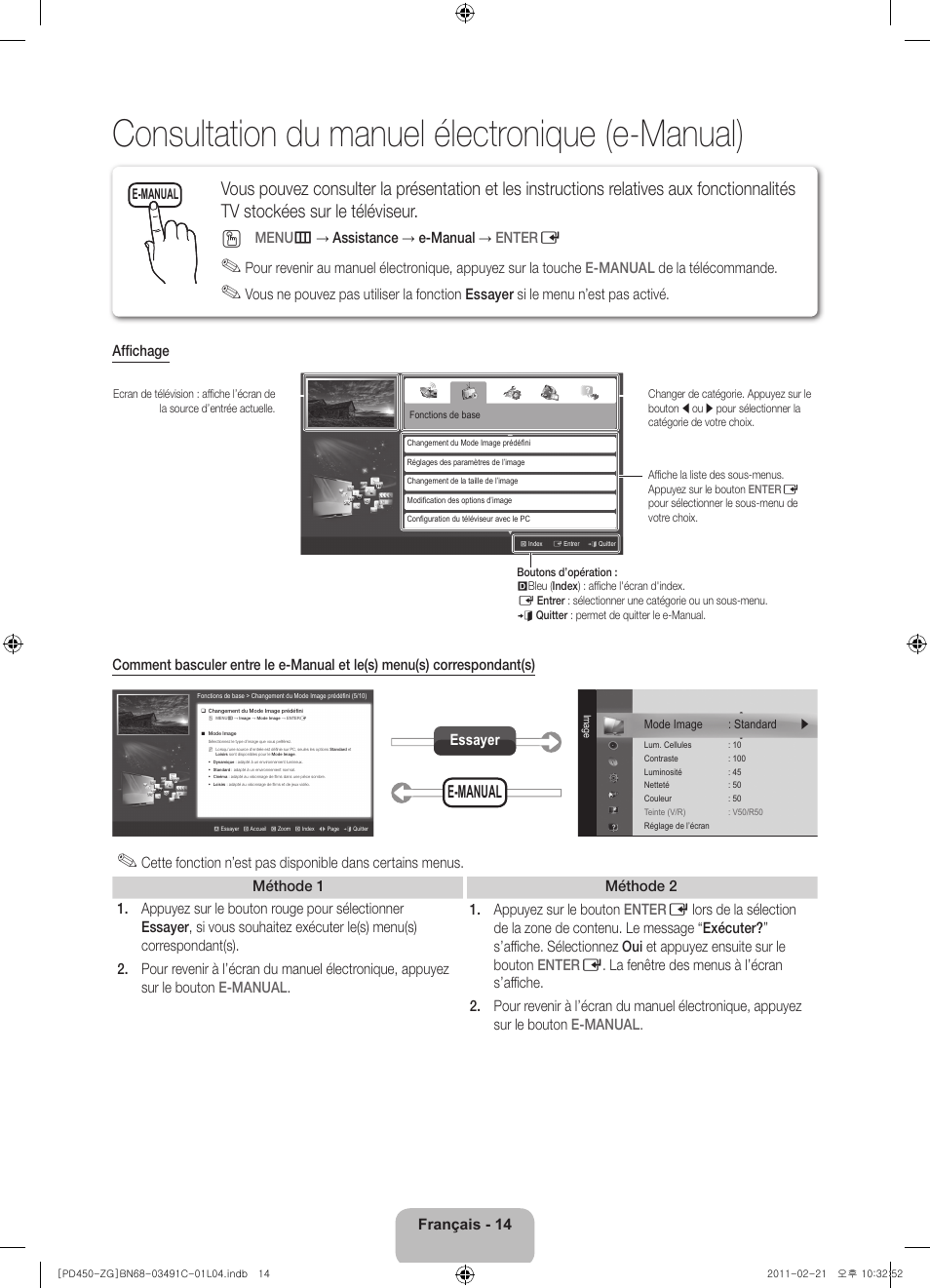 Consultation du manuel électronique (e-manual), E-manual, Français - 14 | Menu m → assistance → e-manual → enter e, Essayer | Samsung PS51D450A2W User Manual | Page 50 / 74