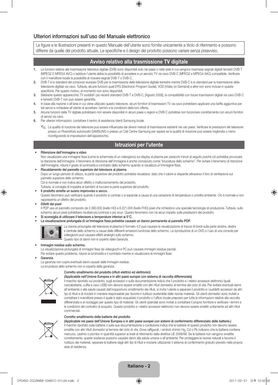 Avviso relativo alla trasmissione tv digitale, Istruzioni per l’utente | Samsung PS51D450A2W User Manual | Page 56 / 74