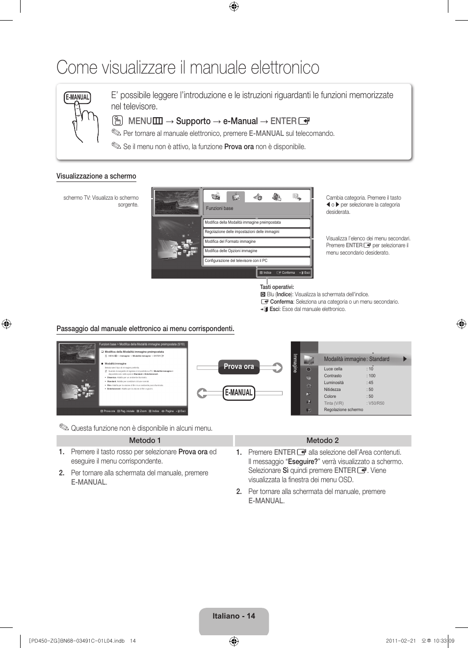 Come visualizzare il manuale elettronico, Menu m → supporto → e-manual → enter e, E-manual | Italiano - 14, Prova ora | Samsung PS51D450A2W User Manual | Page 68 / 74