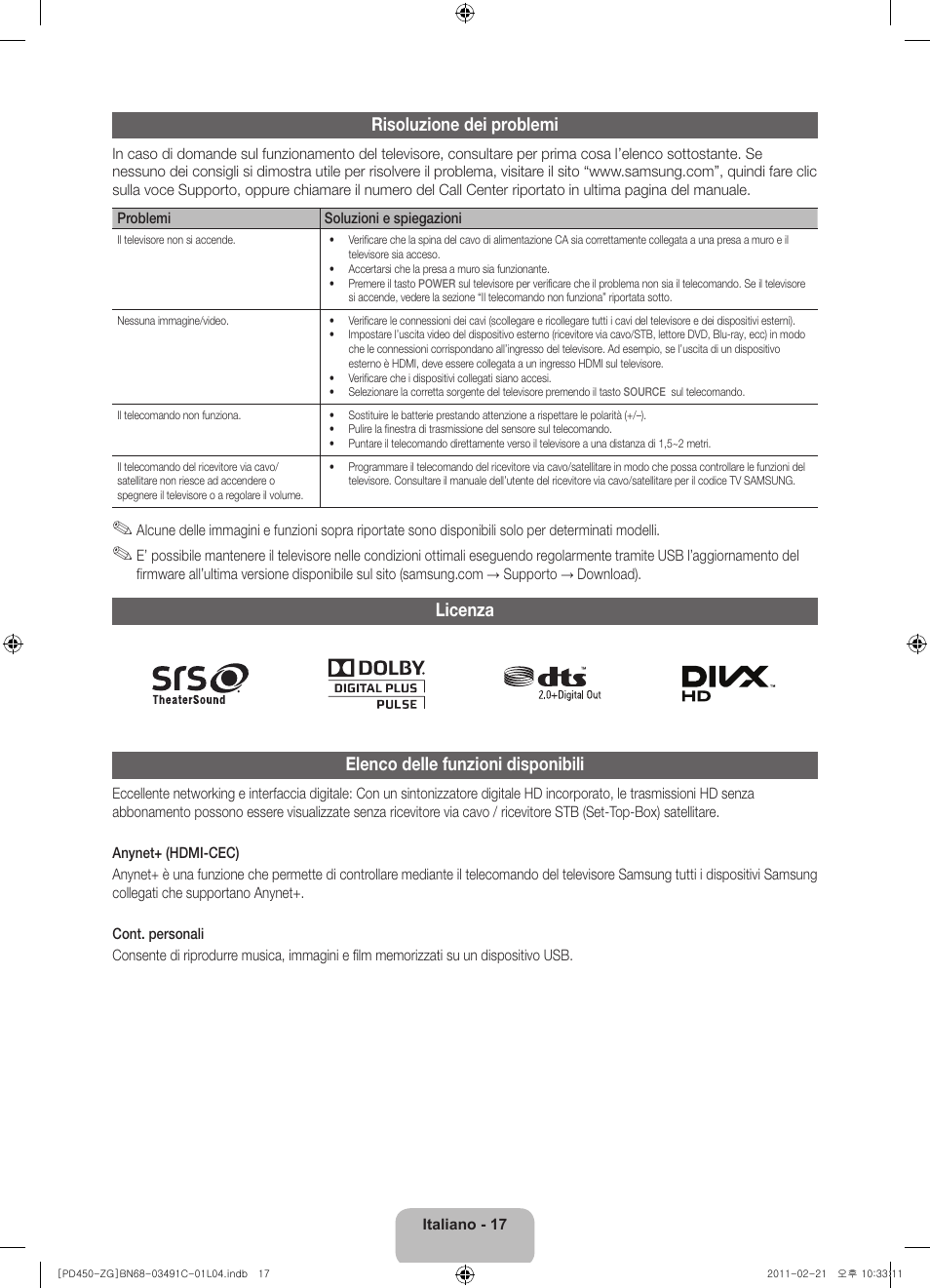 Risoluzione dei problemi, Licenza elenco delle funzioni disponibili | Samsung PS51D450A2W User Manual | Page 71 / 74