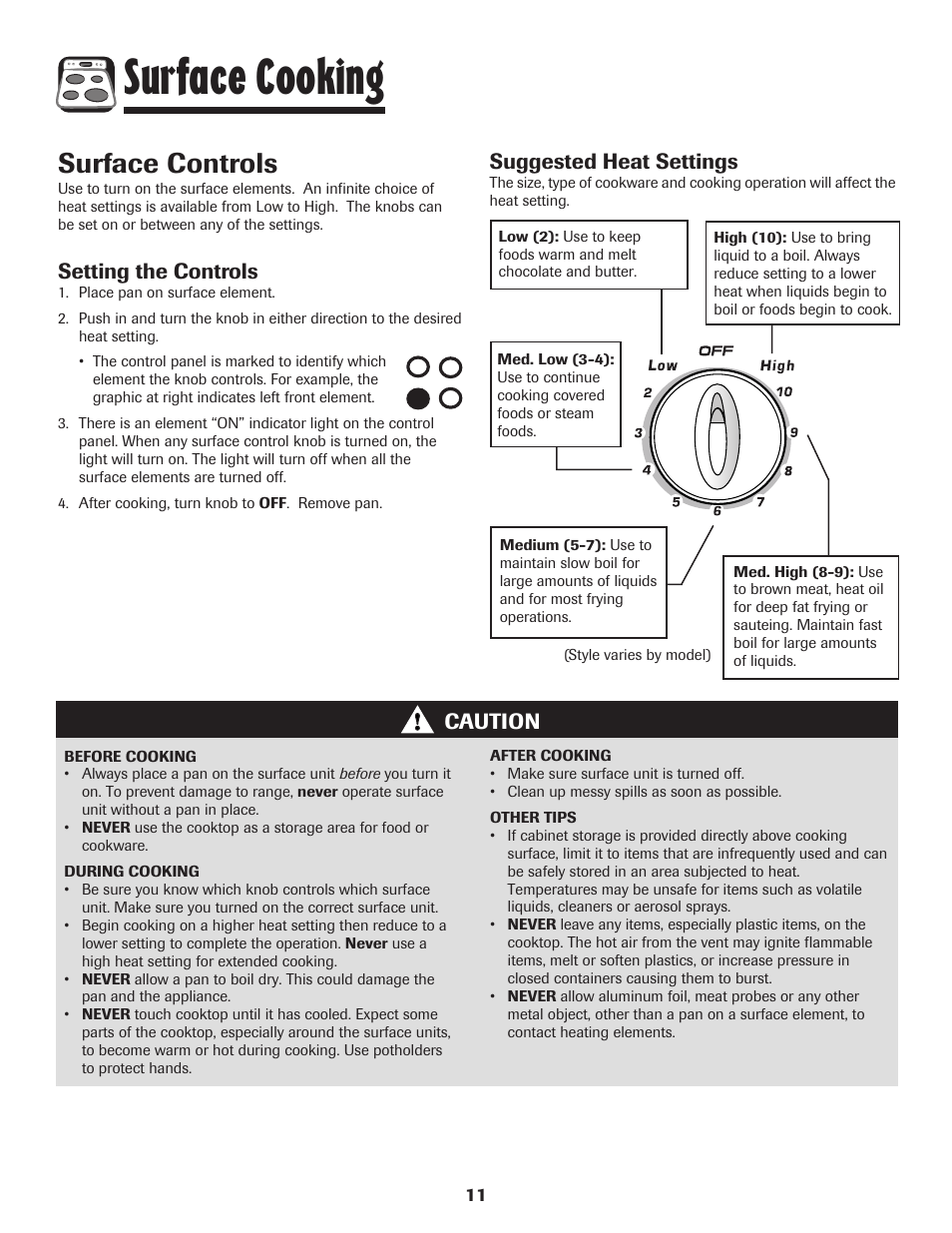 Surface cooking, Surface controls, Setting the controls | Caution suggested heat settings | Amana Electric Range - Coil User Manual | Page 12 / 66