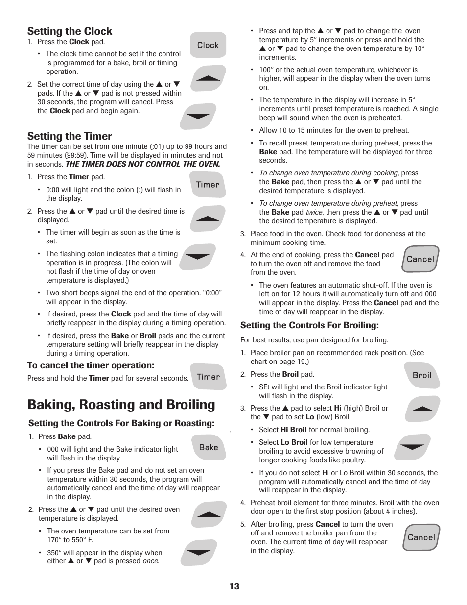 Baking, roasting and broiling, Setting the clock, Setting the timer | Amana Electric Range - Coil User Manual | Page 14 / 66