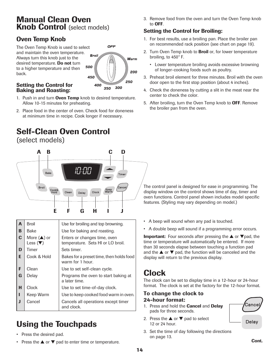 Self-clean oven control, Using the touchpads, Clock | Manual clean oven knob control, Select models), Select models) oven temp knob | Amana Electric Range - Coil User Manual | Page 15 / 66