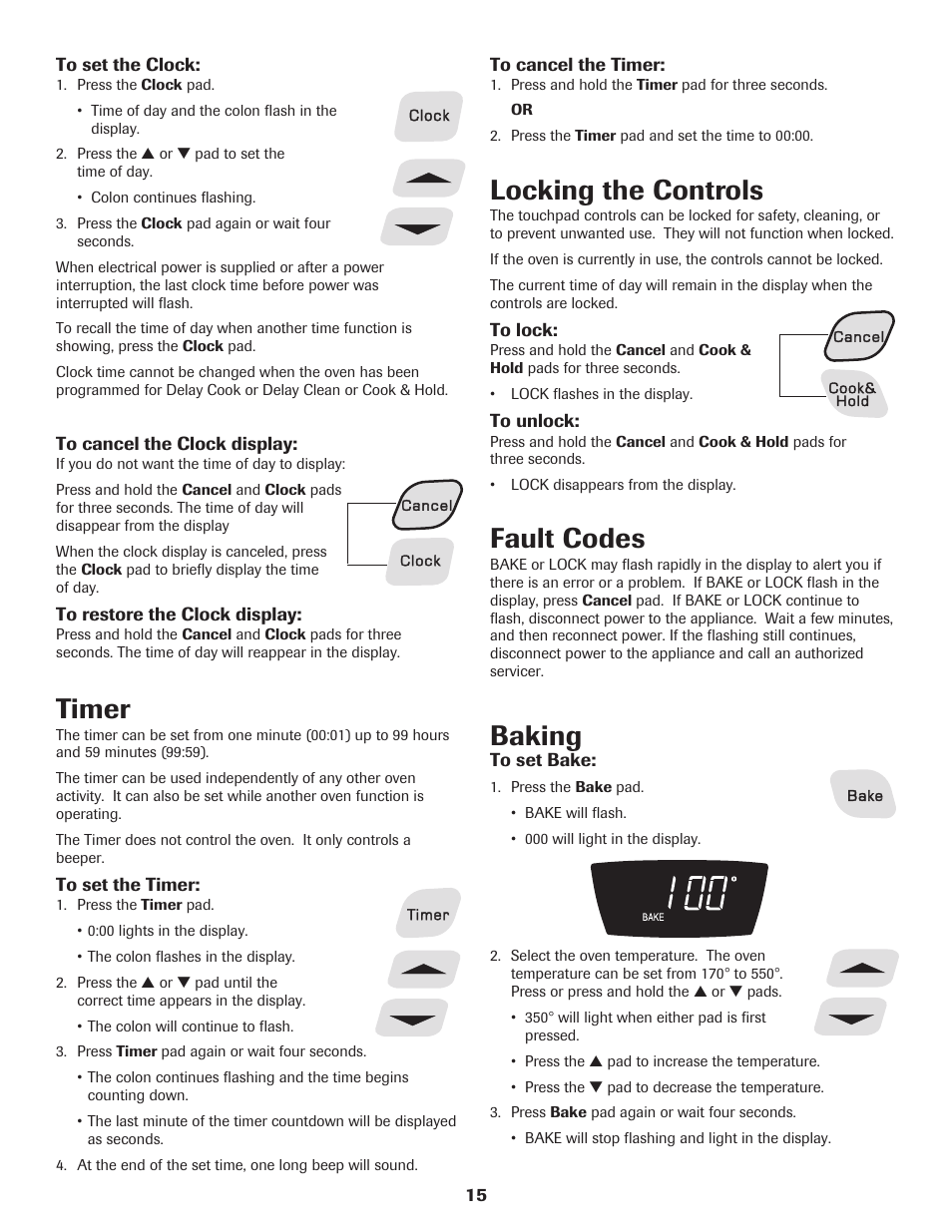 Locking the controls, Fault codes, Baking | Timer | Amana Electric Range - Coil User Manual | Page 16 / 66