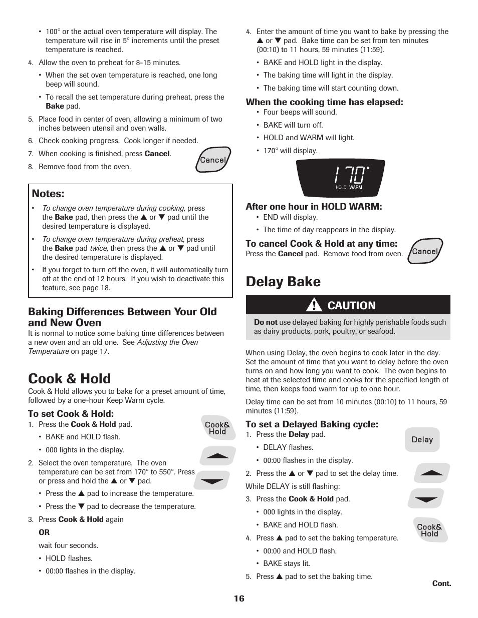 Cook & hold, Delay bake, Caution | Baking differences between your old and new oven | Amana Electric Range - Coil User Manual | Page 17 / 66