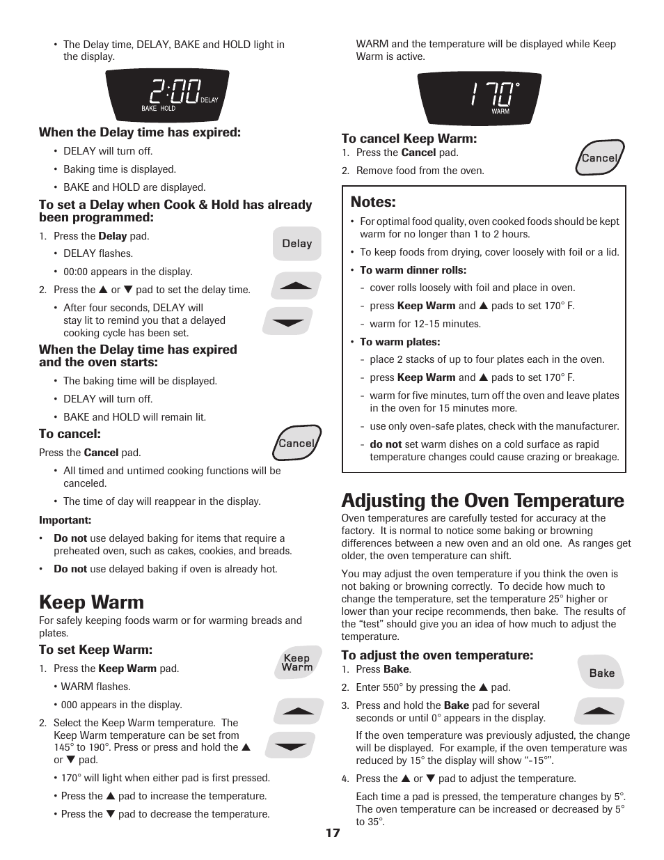 Keep warm, Adjusting the oven temperature | Amana Electric Range - Coil User Manual | Page 18 / 66
