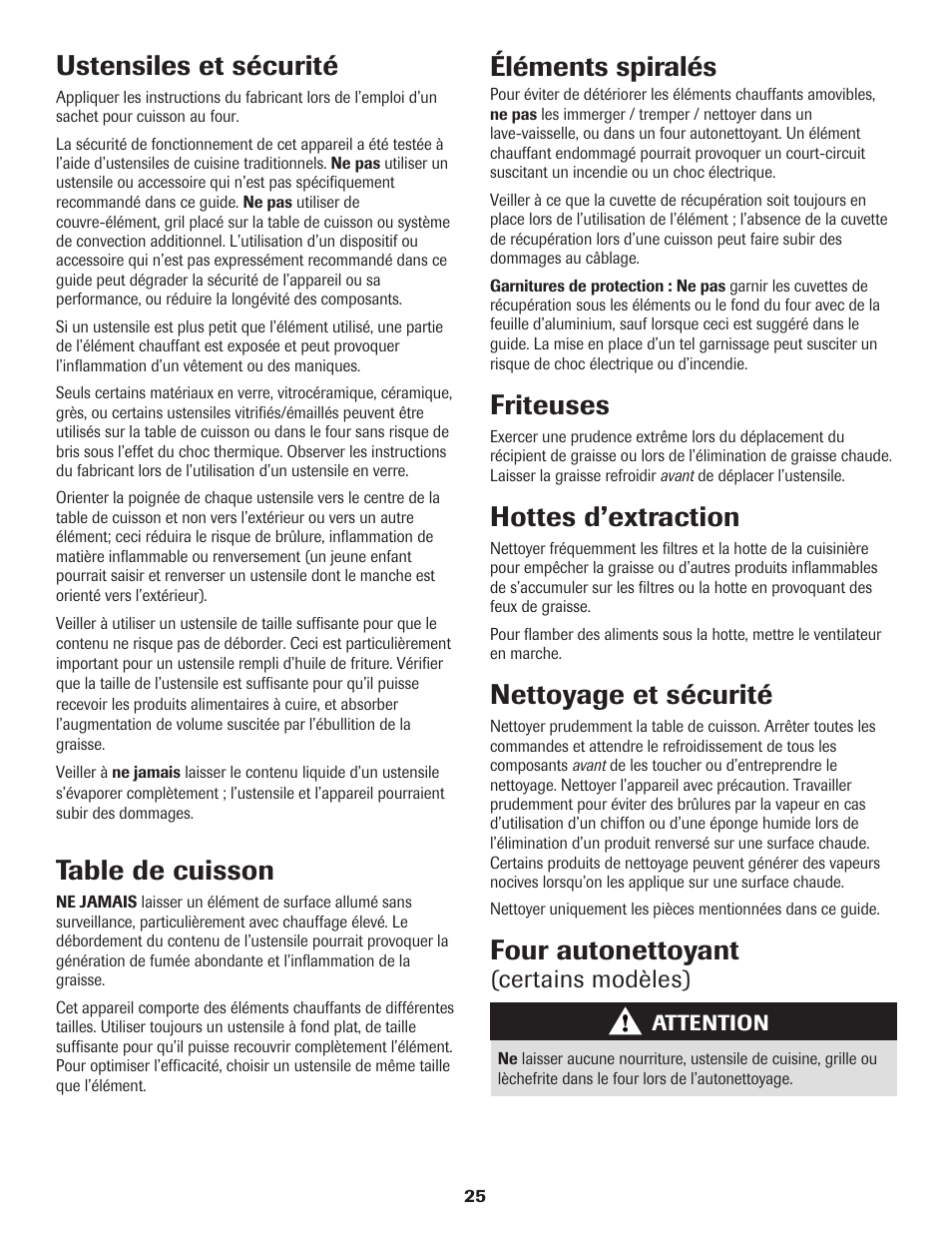 Ustensiles et sécurité, Table de cuisson, Éléments spiralés | Friteuses, Hottes d’extraction, Nettoyage et sécurité, Four autonettoyant, Certains modèles) | Amana Electric Range - Coil User Manual | Page 26 / 66