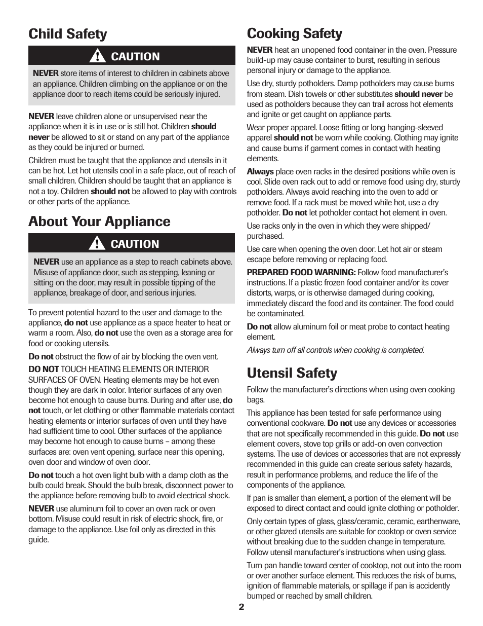 About your appliance cooking safety, Utensil safety, Child safety | Amana Electric Range - Coil User Manual | Page 3 / 66
