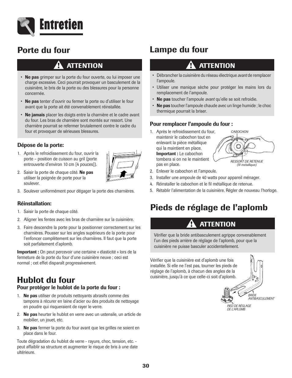 Entretien, Porte du four, Hublot du four | Lampe du four, Pieds de réglage de l’aplomb, Attention | Amana Electric Range - Coil User Manual | Page 31 / 66
