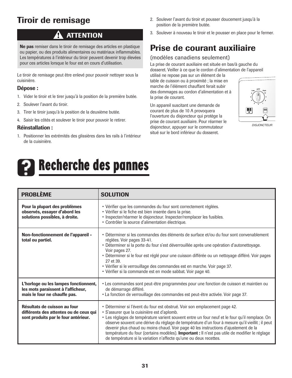 Recherche des pannes, Tiroir de remisage, Prise de courant auxiliaire | Attention | Amana Electric Range - Coil User Manual | Page 32 / 66