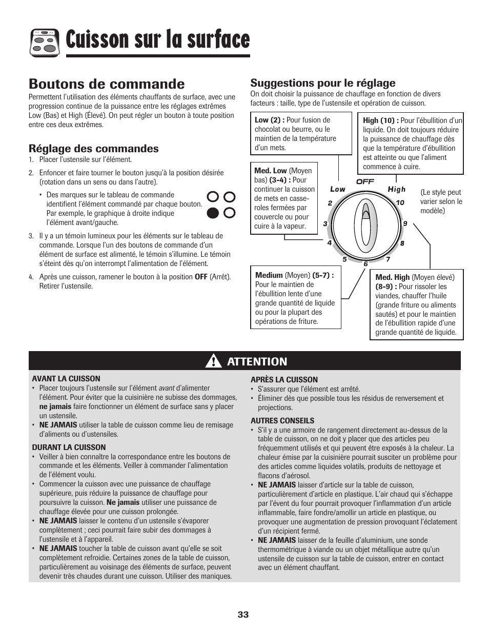 Cuisson sur la surface, Boutons de commande, Réglage des commandes | Attention suggestions pour le réglage | Amana Electric Range - Coil User Manual | Page 34 / 66