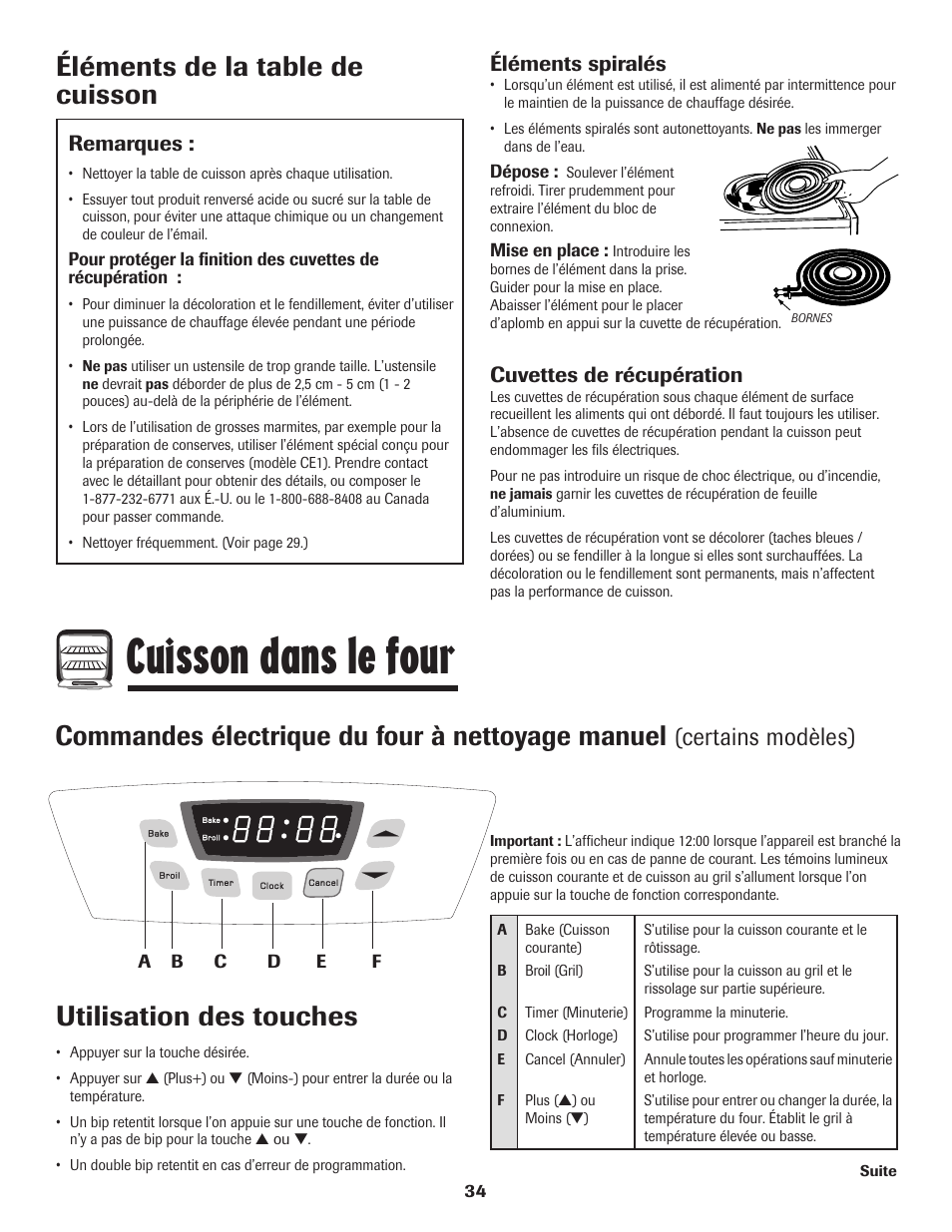 Cuisson dans le four, Éléments de la table de cuisson, Utilisation des touches | Commandes électrique du four à nettoyage manuel, Certains modèles), Éléments spiralés, Cuvettes de récupération, Remarques | Amana Electric Range - Coil User Manual | Page 35 / 66