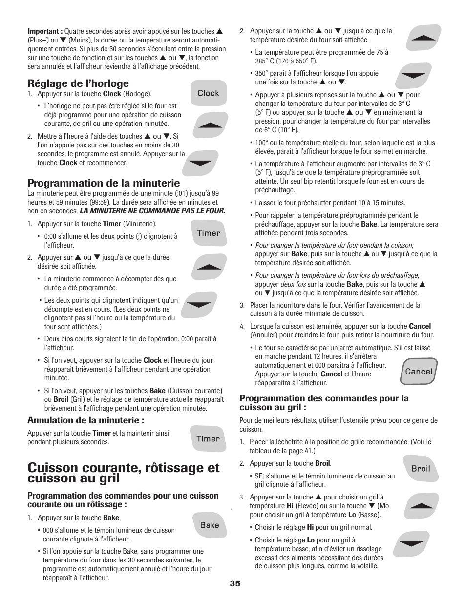 Cuisson courante, rôtissage et cuisson au gril, Réglage de l’horloge, Programmation de la minuterie | Amana Electric Range - Coil User Manual | Page 36 / 66