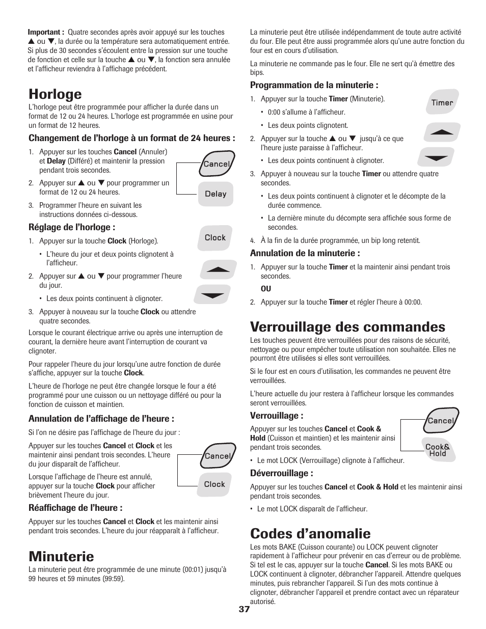Horloge, Minuterie, Verrouillage des commandes | Codes d’anomalie | Amana Electric Range - Coil User Manual | Page 38 / 66