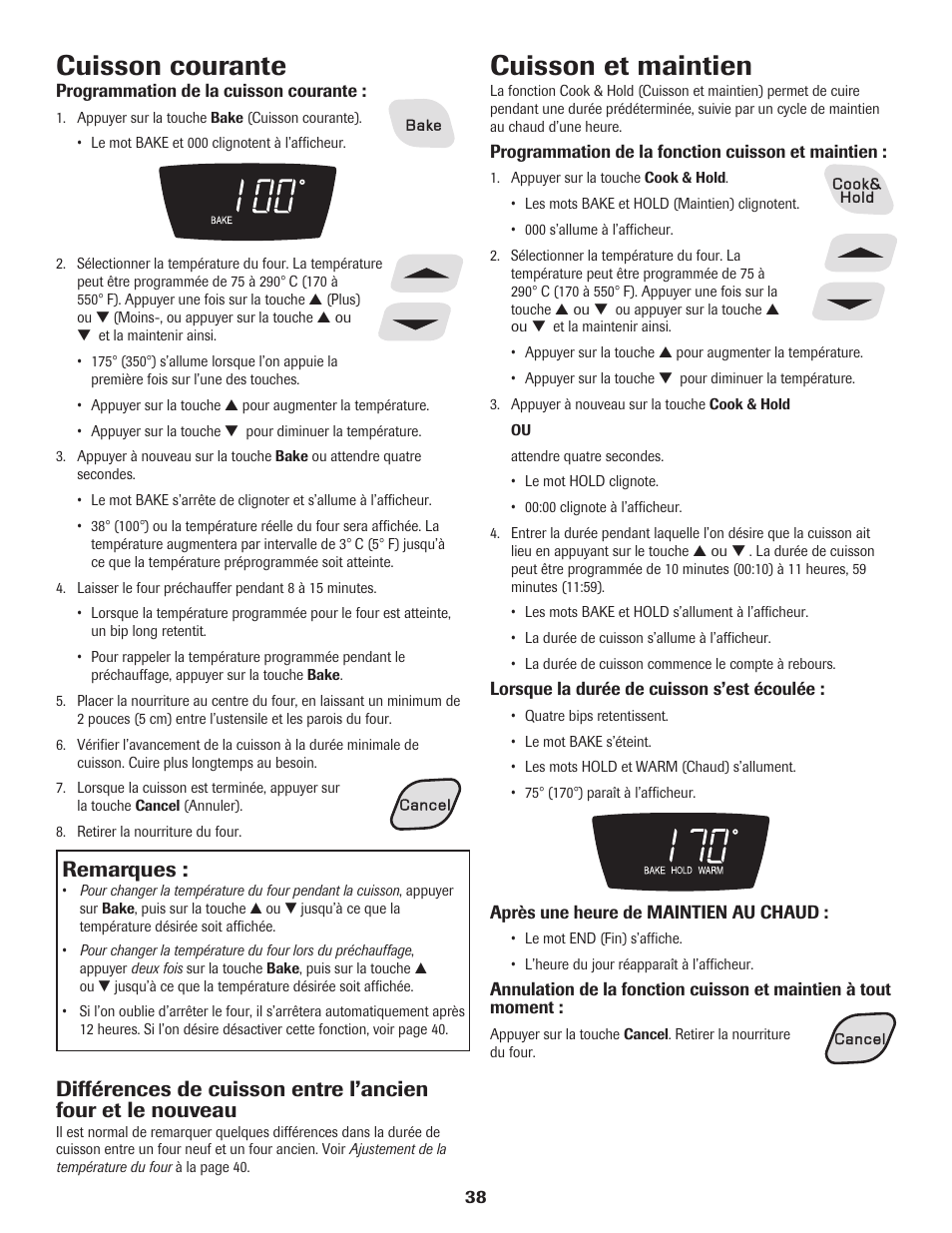 Cuisson courante, Cuisson et maintien, Remarques | Amana Electric Range - Coil User Manual | Page 39 / 66