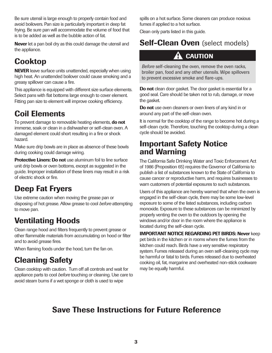 Self-clean oven, Important safety notice and warning, Cooktop | Coil elements, Deep fat fryers, Ventilating hoods, Cleaning safety, Save these instructions for future reference, Select models) | Amana Electric Range - Coil User Manual | Page 4 / 66