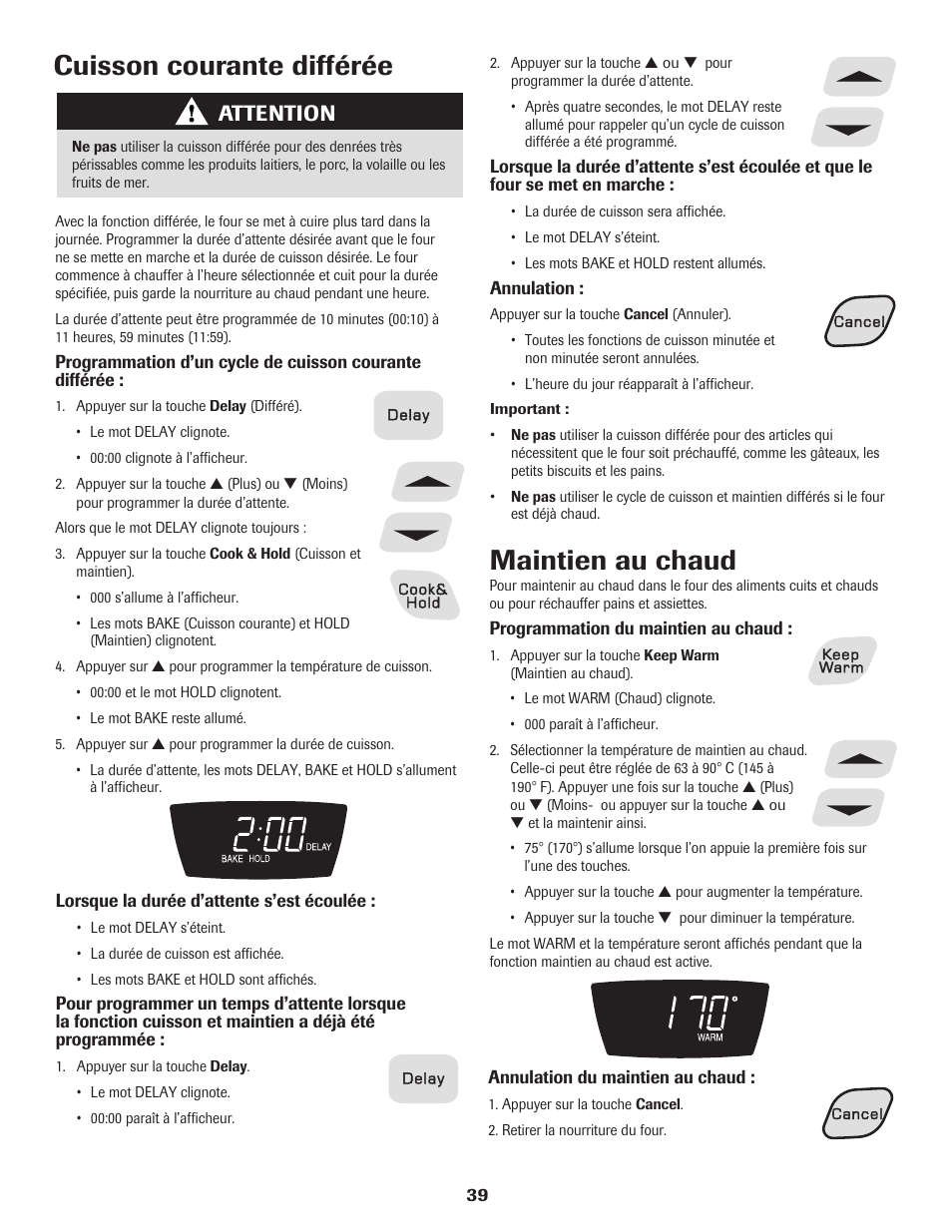 Cuisson courante différée, Maintien au chaud, Attention | Amana Electric Range - Coil User Manual | Page 40 / 66