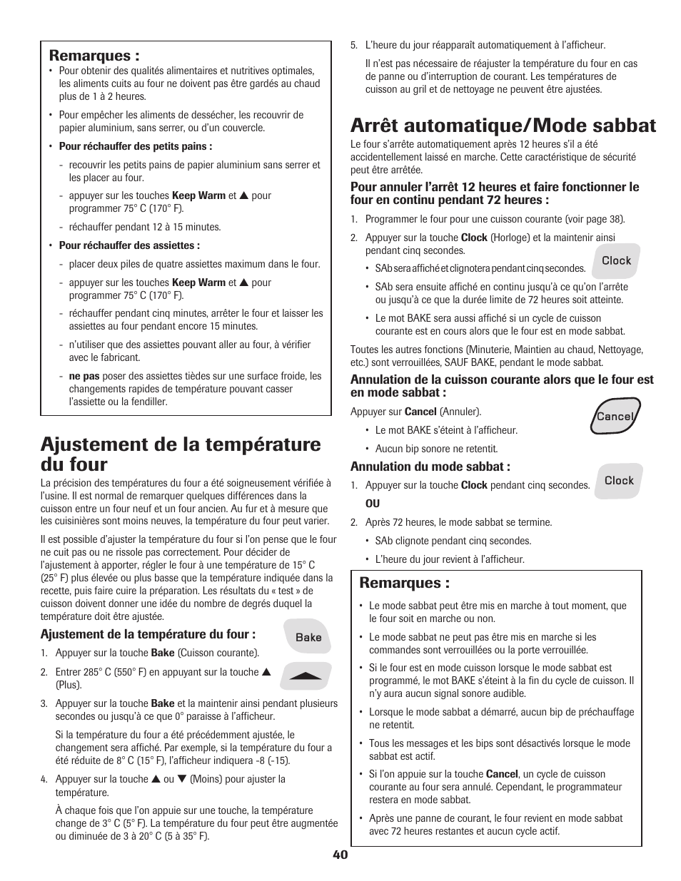 Arrêt automatique/mode sabbat, Ajustement de la température du four, Remarques | Amana Electric Range - Coil User Manual | Page 41 / 66