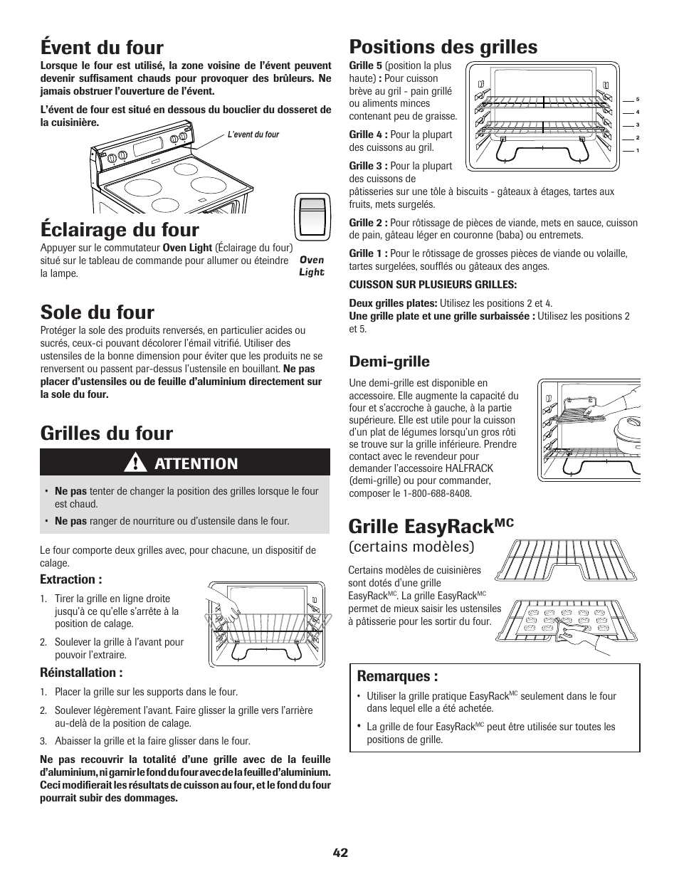 Éclairage du four, Sole du four, Évent du four | Grilles du four, Positions des grilles, Grille easyrack, Attention, Demi-grille, Certains modèles), Remarques | Amana Electric Range - Coil User Manual | Page 43 / 66