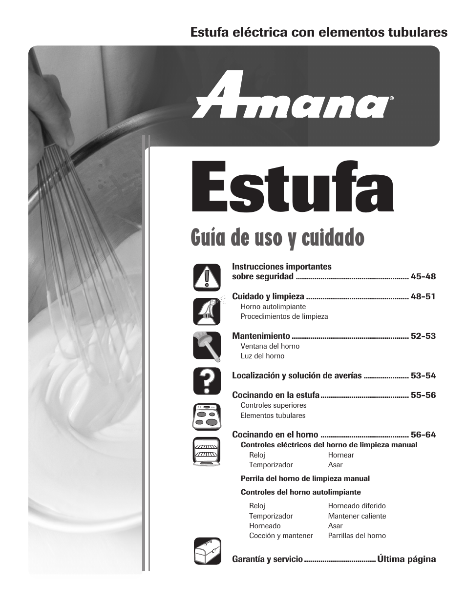 Estufa, Guía de uso y cuidado, Estufa eléctrica con elementos tubulares | Amana Electric Range - Coil User Manual | Page 45 / 66