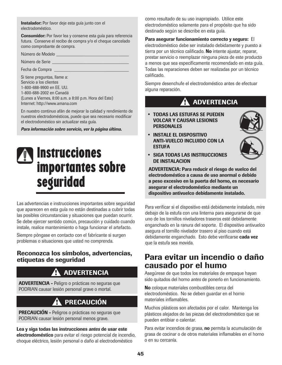 Instrucciones importantes sobre seguridad, Para evitar un incendio o daño causado por el humo | Amana Electric Range - Coil User Manual | Page 46 / 66