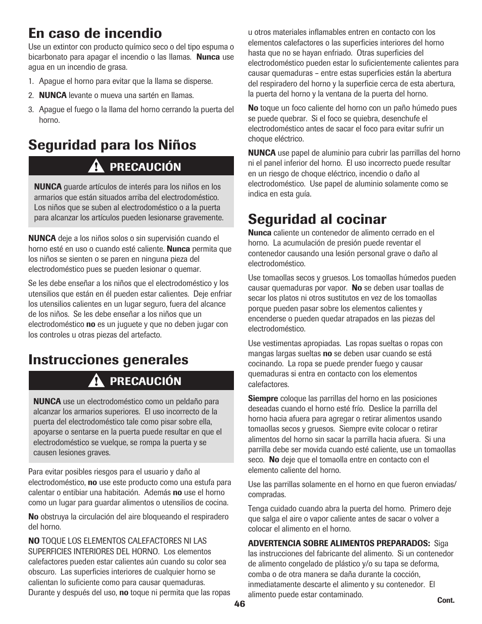 En caso de incendio, Seguridad para los niños, Instrucciones generales | Seguridad al cocinar | Amana Electric Range - Coil User Manual | Page 47 / 66