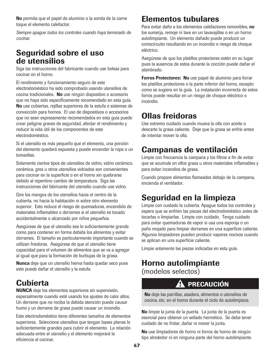 Seguridad sobre el uso de utensilios, Cubierta, Elementos tubulares | Ollas freidoras, Campanas de ventilación, Seguridad en la limpieza, Horno autolimpiante, Modelos selectos) | Amana Electric Range - Coil User Manual | Page 48 / 66