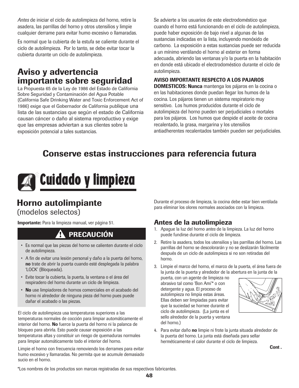 Cuidado y limpieza, Aviso y advertencia importante sobre seguridad, Horno autolimpiante | Modelos selectos) | Amana Electric Range - Coil User Manual | Page 49 / 66