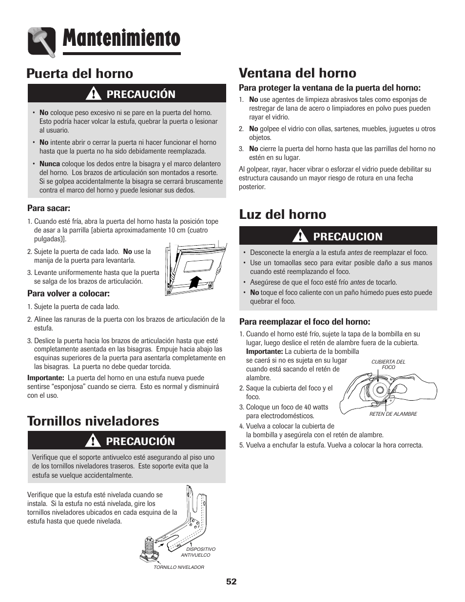 Mantenimiento, Puerta del horno, Ventana del horno | Luz del horno, Tornillos niveladores, Precaución, Precaucion | Amana Electric Range - Coil User Manual | Page 53 / 66