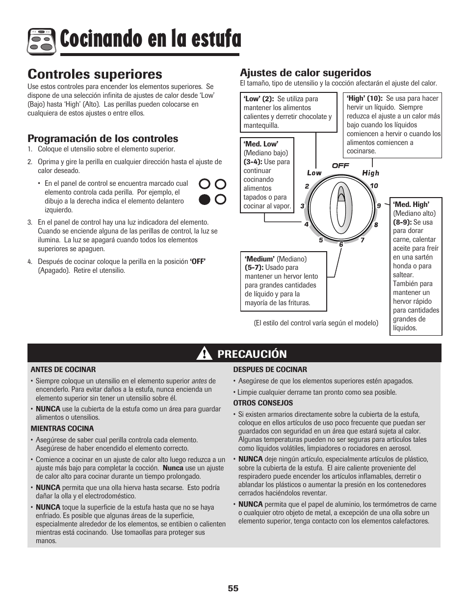 Cocinando en la estufa, Controles superiores, Programación de los controles | Precaución, Ajustes de calor sugeridos | Amana Electric Range - Coil User Manual | Page 56 / 66