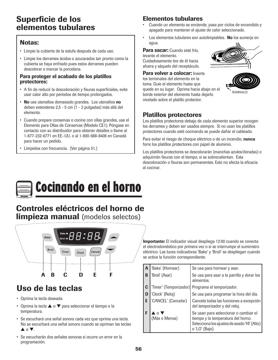 Cocinando en el horno, Superficie de los elementos tubulares, Controles eléctricos del horno de limpieza manual | Uso de las teclas, Modelos selectos), Elementos tubulares, Platillos protectores, Notas | Amana Electric Range - Coil User Manual | Page 57 / 66
