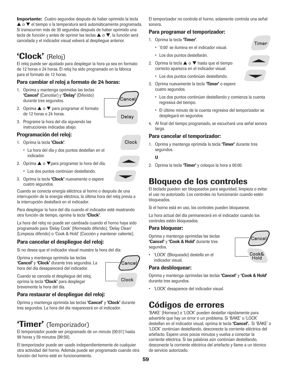Clock, Timer, Bloqueo de los controles | Códigos de errores, Reloj), Temporizador) | Amana Electric Range - Coil User Manual | Page 60 / 66