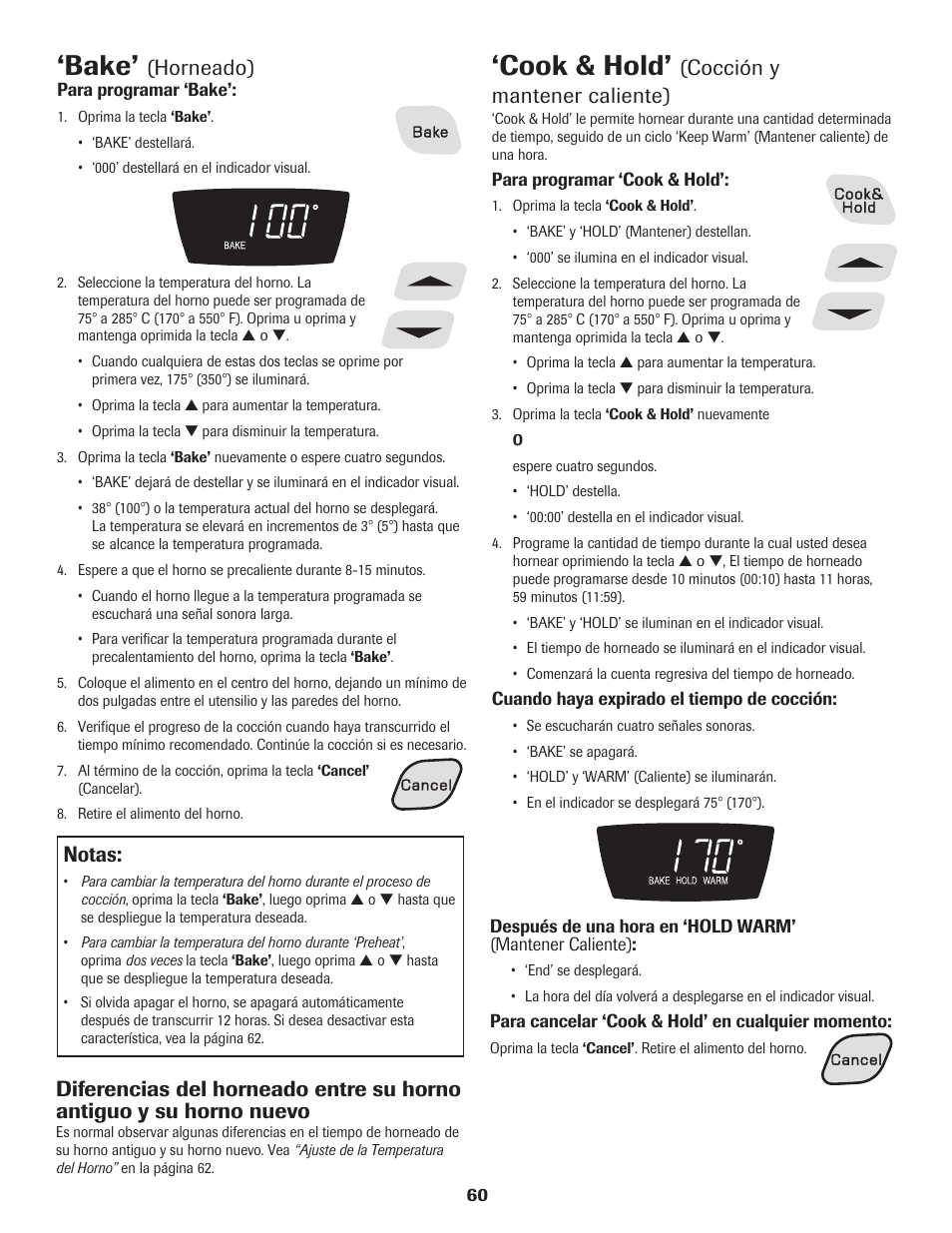 Bake, Cook & hold, Notas | Horneado), Cocción y mantener caliente) | Amana Electric Range - Coil User Manual | Page 61 / 66