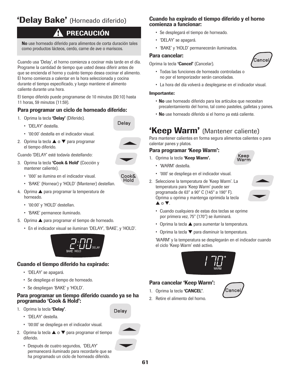 Delay bake, Keep warm, Precaución | Horneado diferido), Mantener caliente) | Amana Electric Range - Coil User Manual | Page 62 / 66