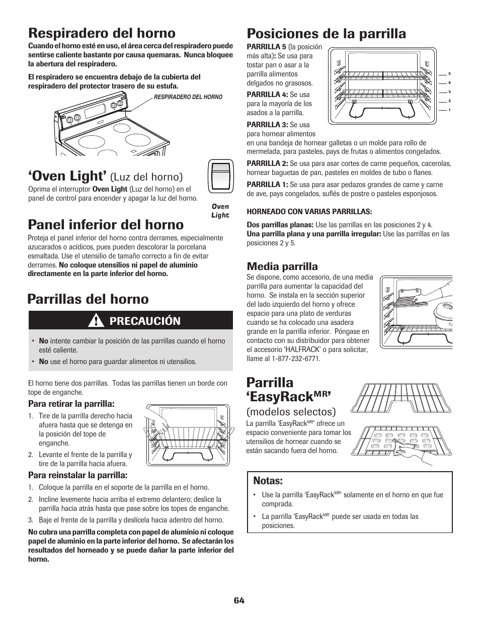 Panel inferior del horno, Oven light, Parrillas del horno | Posiciones de la parrilla, Respiradero del horno, Parrilla ‘easyrack, Luz del horno), Precaución, Media parrilla, Modelos selectos) | Amana Electric Range - Coil User Manual | Page 65 / 66