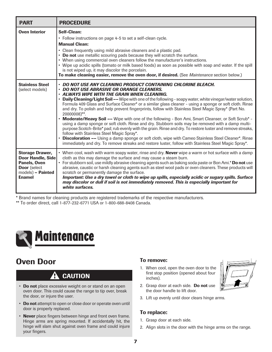 Maintenance, Oven door, Caution | Amana Electric Range - Coil User Manual | Page 8 / 66