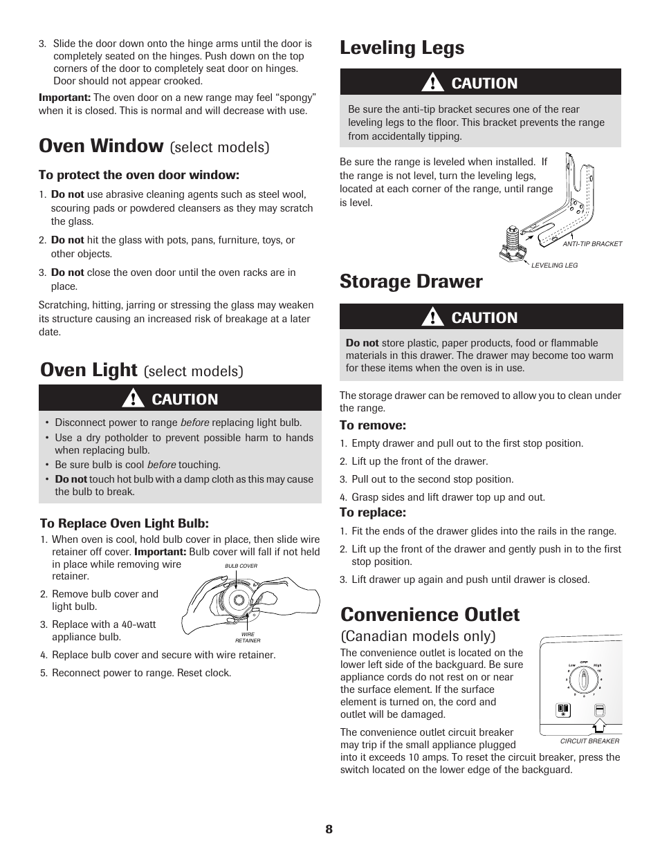Oven window, Oven light, Storage drawer | Convenience outlet, Leveling legs, Select models), Select models) caution, Caution, Canadian models only) | Amana Electric Range - Coil User Manual | Page 9 / 66