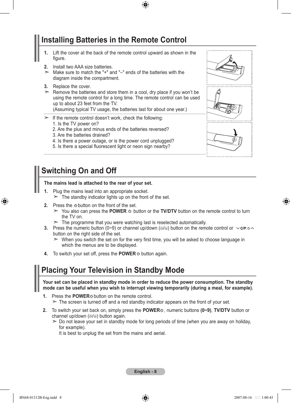 Installing batteries in the remote control, Switching on and off, Placing your television in standby mode | Samsung LE40F86BD User Manual | Page 10 / 516