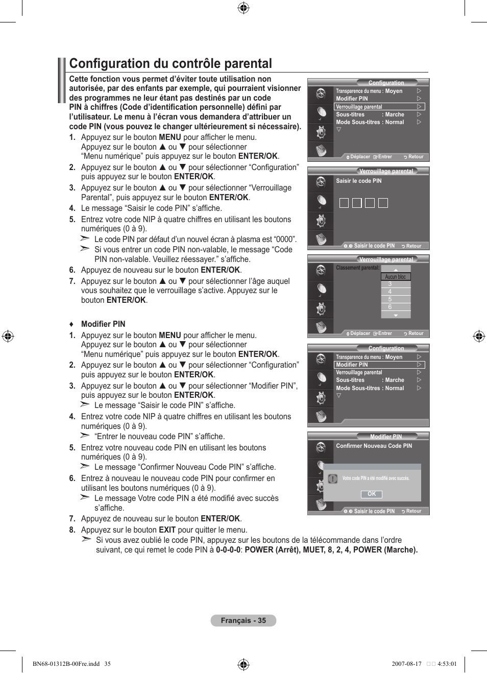Configuration du contrôle parental | Samsung LE40F86BD User Manual | Page 101 / 516