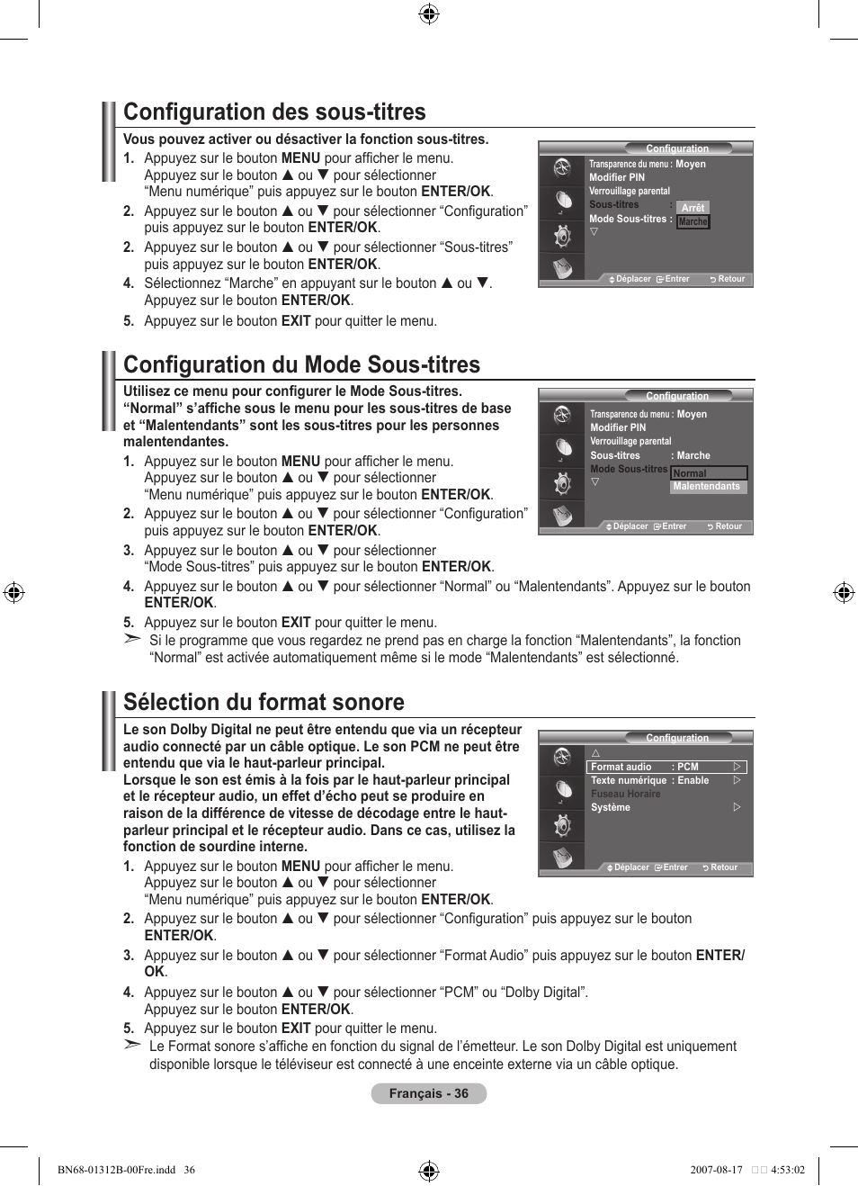 Configuration des sous-titres, Configuration du mode sous-titres, Sélection du format sonore | Samsung LE40F86BD User Manual | Page 102 / 516