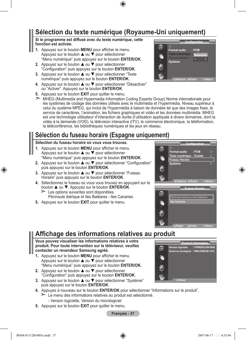 Sélection du fuseau horaire (espagne uniquement), Affichage des informations relatives au produit | Samsung LE40F86BD User Manual | Page 103 / 516