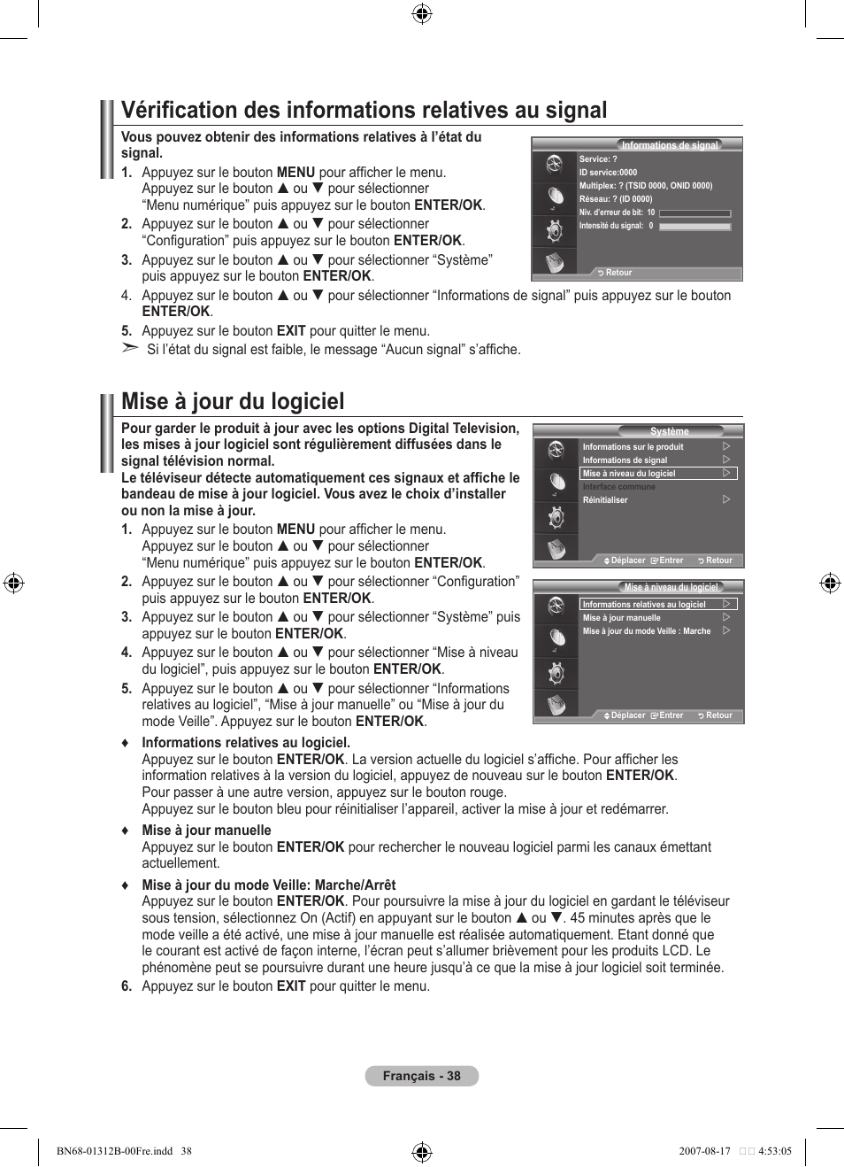 Vérification des informations relatives au signal, Mise à jour du logiciel | Samsung LE40F86BD User Manual | Page 104 / 516