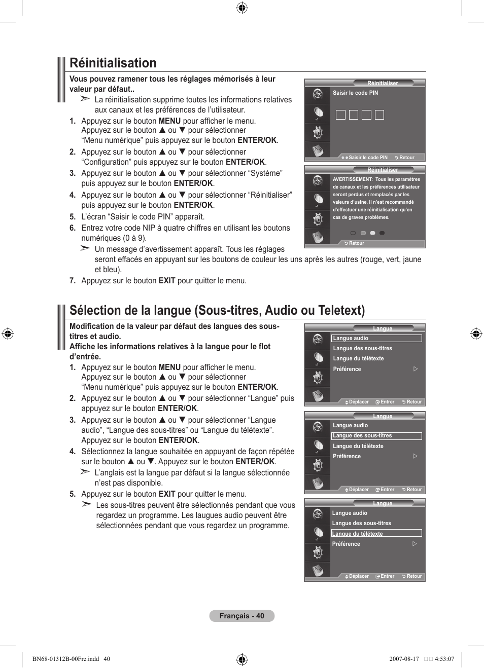 Réinitialisation | Samsung LE40F86BD User Manual | Page 106 / 516