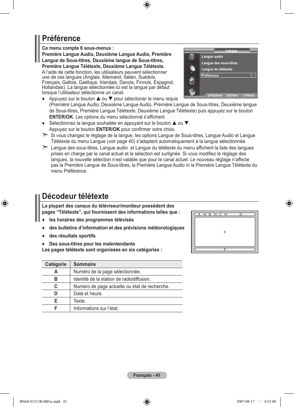 Préférence, Décodeur télétexte | Samsung LE40F86BD User Manual | Page 107 / 516
