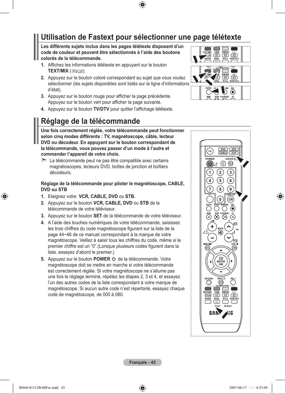 Réglage de la télécommande | Samsung LE40F86BD User Manual | Page 109 / 516