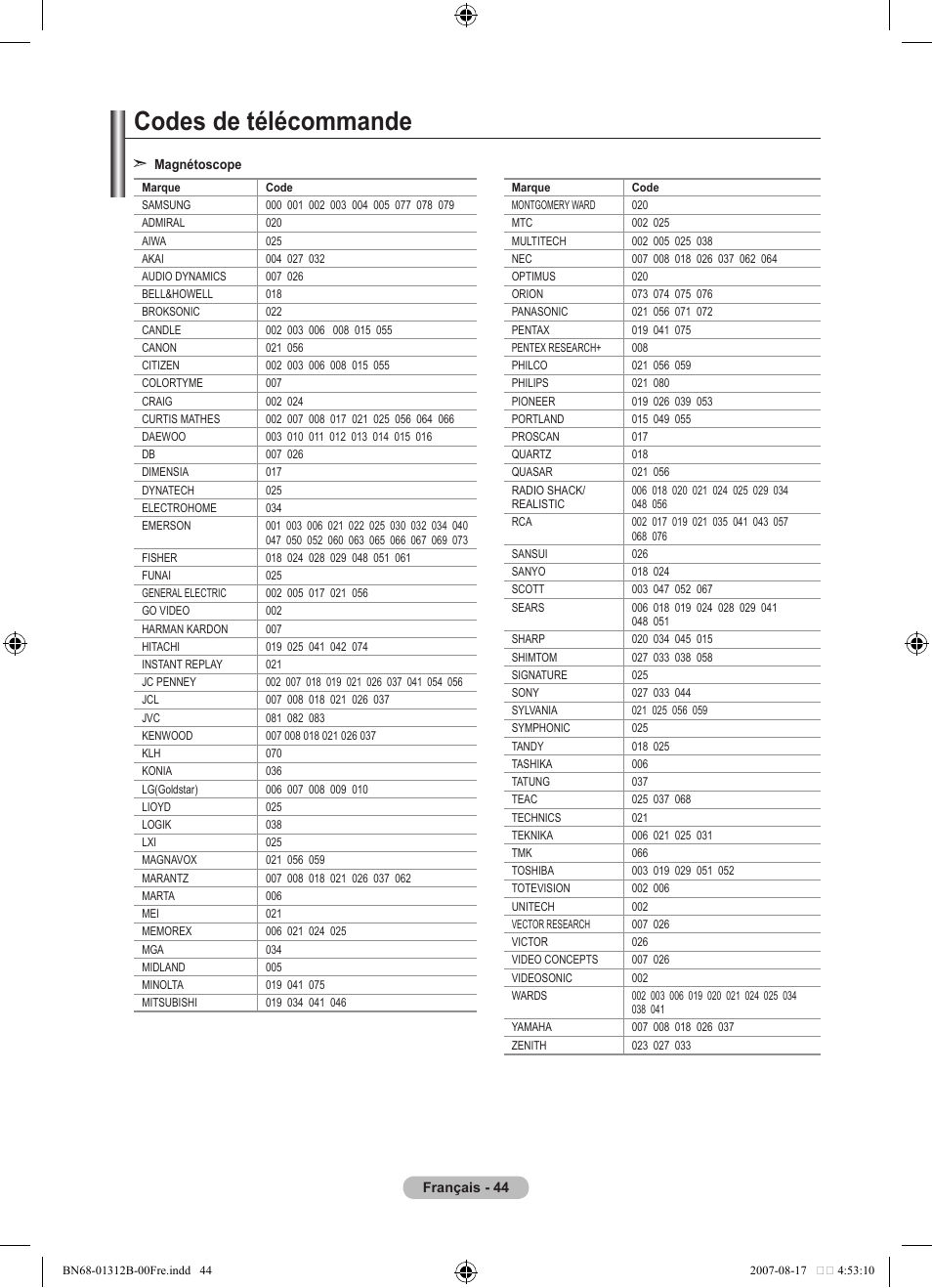 Codes de télécommande | Samsung LE40F86BD User Manual | Page 110 / 516