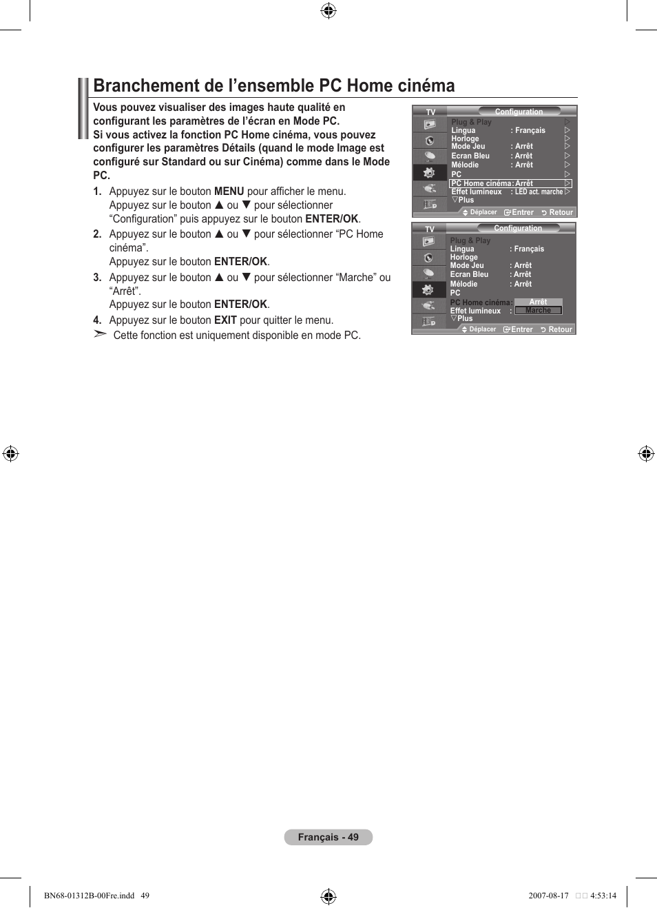 Branchement de l’ensemble pc home cinéma | Samsung LE40F86BD User Manual | Page 115 / 516
