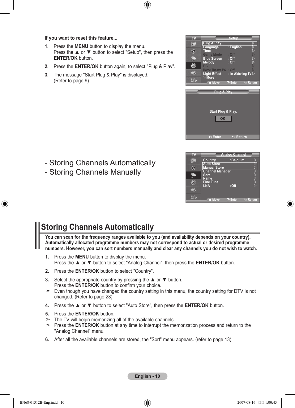 Setting the channels, Storing channels automatically | Samsung LE40F86BD User Manual | Page 12 / 516